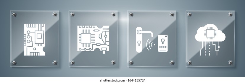 Set Internet of things, Digital door lock with wireless technology for unlock, Printed circuit board PCB and Electronic computer components motherboard digital chip. Square glass panels. Vector