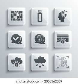 Set Internet of things, Fingerprint, System bug credit card, Cyber security, on cloud, Check mark speech bubble, Shield with brick wall and Head shield icon. Vector