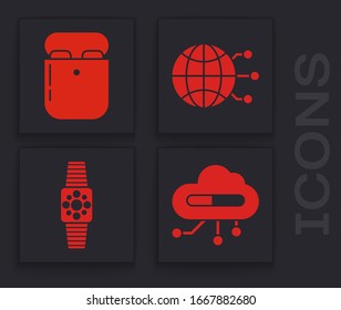 Coloca Internet de cosas, auriculares en caja, Tecnología global o red social e icono de Smartwatch. Vector