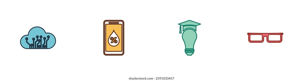 Set Internet of things, Humidity for smart home, Light bulb and graduation cap and Glasses icon. Vector