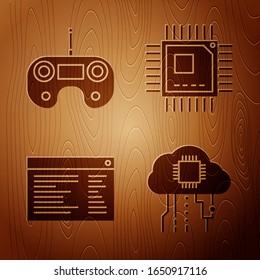 Ponga Internet de cosas, control remoto, Software, código de programación para desarrolladores web y Procesador con microcircuitos CPU en fondo de madera. Vector