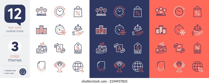 Set of Internet, Time change and Inspect line icons. Include Technical algorithm, Video conference, Justice scales icons. Recovery file, Freezing timer, Company web elements. Sale coupon. Vector