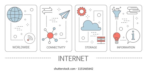 Set of internet vertical banners. Idea of global network. Worlwide connection, storage and information. Modern technology. Set of internet and big data icons. Isolated flat vector illustration