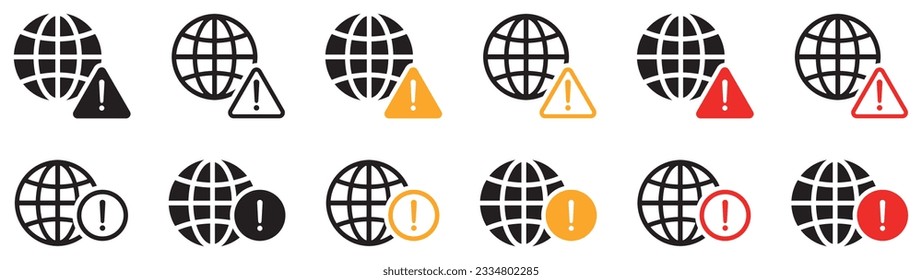 Conjunto de iconos de advertencia de Internet. Alerta global, símbolos de error de advertencia mundial. Señales de advertencia de red global, globo con signo de exclamación. Logo de la Tierra, símbolo de atención de círculo y triángulo.