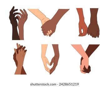 Set of interracial couple hands holding together.