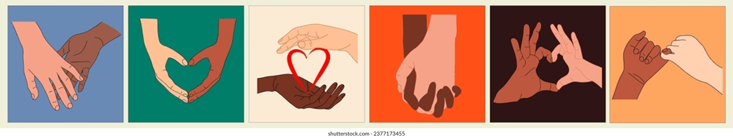 Set of Interracial couple Holding Hands vector.