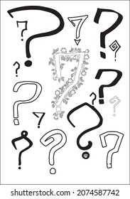 Set of interrogation signs in black and white. Funny question marks. Vector illustrations.