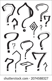 Set of interrogation signs in black and white. Funny question marks. Vector illustrations.