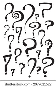 Set of interrogation signs in black and white. Funny question marks. Vector illustrations.