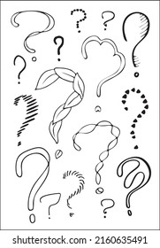 Set of interrogation signs in black and white. Different funny question marks. Vector illustrations.