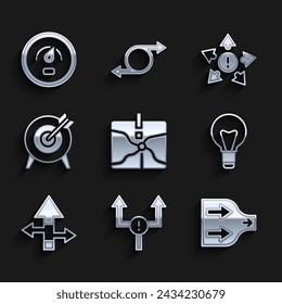 Set Intersection point, Arrow, Light bulb, Target, Many ways directional arrow and Digital speed meter icon. Vector