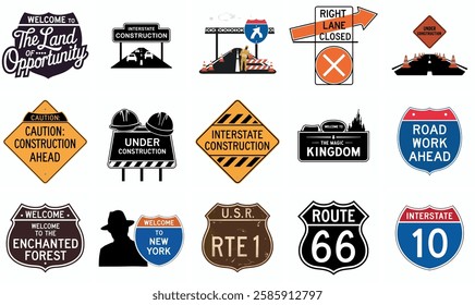 Set of interstate construction sign, route sign vector design
