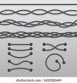 Set of intertwined cable braids and wire stitches, modern electric cables in straight line, curved waves and twisted into mess, coming out of holes - realistic isolated vector illustration