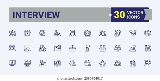 Set of Interview line icons. Contains linear outline icons like employment, recruit, resource, recruitment, manager, leader and more. Simple icon designs. Editable stroke, solid icon collections.