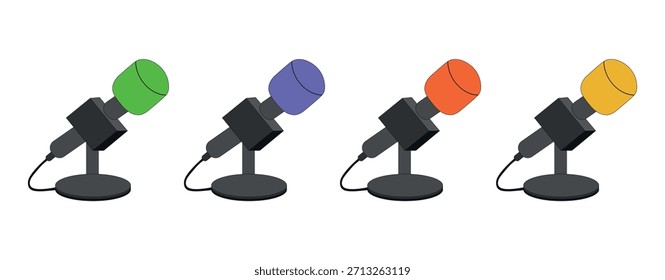 Un conjunto de micrófonos de entrevista en un soporte. Equipo de estudio, sonido. Ilustración vectorial aislada sobre un fondo blanco.