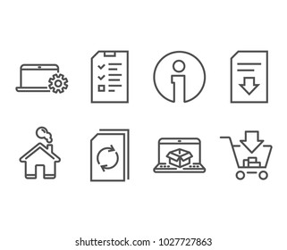 Set of Interview, Online delivery and Notebook service icons. Update document, Download file and Shopping signs. Checklist file, Parcel tracking website, Computer repair. Load document, Add to cart