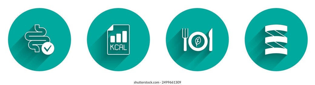 Set Intestines, Diet plan, Vegan food diet and Sports nutrition proteine icon with long shadow. Vector