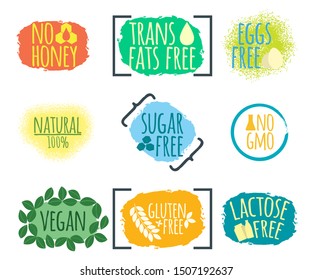 Set of Intolerance Food label. Healthy and Organic Food. Font with Brush. Food Intolerance Symbols and Badges. Vector illustration icon.