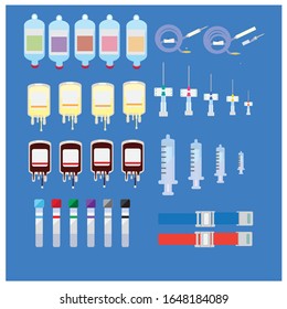Set for intravenous procedure, consisting of fluid, blood, platelets, syringes, syringes, intravenous fluid injection, etc