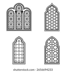 Set of Intricate Architectural Windows with Geometric and Floral Designs A Study in Symmetry and Style