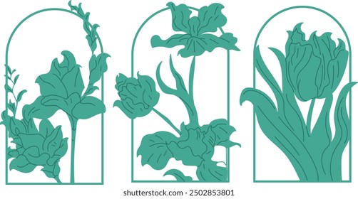 Set of intricate Art Nouveau plants, modern and ornate, for use in graphic resources, classical and Art Deco art, hand-drawn vector art.