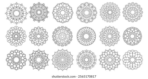 Set of intricate black and white mandala patterns for coloring or design