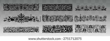 A set of intricate floral and ornamental vector designs in black and white, featuring various patterns and motifs, ideal for decorative borders or frames.