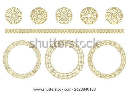 Set of intricate gold decorative circles and borders, exhibiting Asian-inspired designs.  These elegant outlines are perfect for graphic projects.