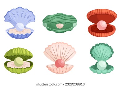 Set of Intricate Seashells With Gleaming Pearls Nestled Within, Natural Wonder Of The Sea's Artistry And Symbol Of Beauty And Hidden Treasures Isolated on White Background. Cartoon Vector Illustration