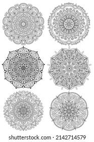 Set of intricate vector mandalas on white isolated background