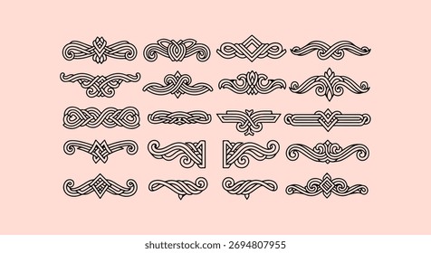 A set of intricate, vintage-style decorative elements and flourishes arranged in rows against a soft pink background.