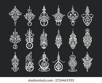 Conjunto de intrincados adornos de Vector blanco sobre un fondo oscuro, con elegantes diseños abstractos, emblemas minimalistas y motivos decorativos para diversos proyectos creativos.