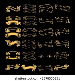 A set of intricately hand-drawn golden scroll ribbons in contour style. Perfect for vintage designs, calligraphy, invitations, and elegant branding projects. High-quality and versatile.