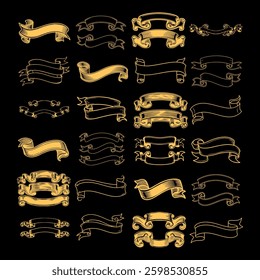 A set of intricately hand-drawn golden scroll ribbons in contour style. Perfect for vintage designs, calligraphy, invitations, and elegant branding projects. High-quality and versatile.