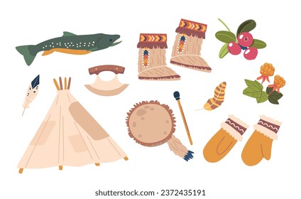 Conjunto De Elementos Inuit. Wigwam, Guantes, Mukluks, Ulu Y Tambourine, Pescado, Pescado Y Berries. Herramientas esenciales tradicionales