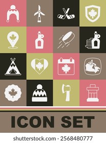 Set Inukshuk, Canada map, Syrup with pancakes, Ice hockey sticks, Bottle of maple syrup, Canadian leaf, Winter hat and Hockey puck icon. Vector