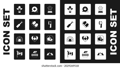 Set Inukshuk, Christmas mitten, Paddle, Canadian totem pole, Wooden axe, maple leaf, Canada and Igloo ice house icon. Vector