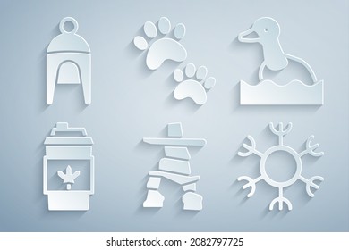 Set Inukshuk, Flying duck, Coffee cup to go, Snowflake, Paw print and Winter hat icon. Vector