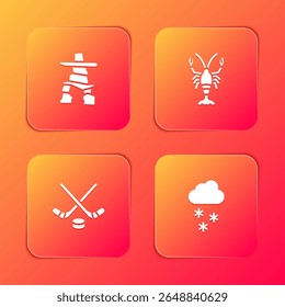 Set Inukshuk, Lobster, Ice hockey sticks and puck and Cloud with snow icon. Vector