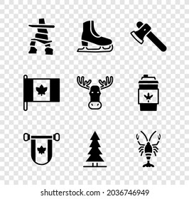 Set Inukshuk, Skates, Wooden axe, Pennant Canada, Canadian spruce, Lobster, Flag of and Moose head with horns icon. Vector