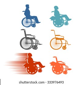 Set invalid. Collection of silhouettes of various disabilities and wheelchairs. Normal and high-speed wheelchair with turbo engine.