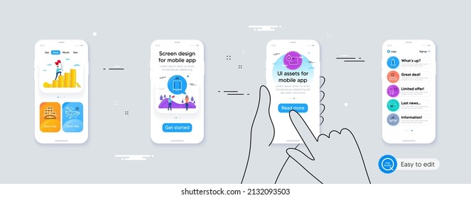 Set of Inventory, Baggage reclaim and Rocket line icons. Phone ui interface. Include Cardboard box, Airplane travel, Boarding pass icons. Vector