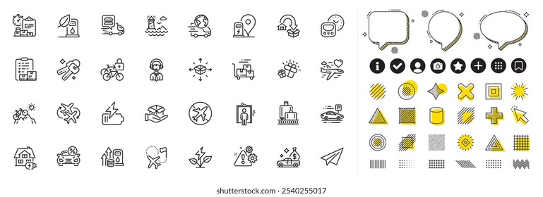 Conjunto de iconos de lista de comprobación de inventario, batería y línea de Asistencia de envío para el App de Web. Elementos de diseño, íconos de redes sociales. Tránsito en efectivo, regalo, iconos de taquillas de bicicleta. Vector