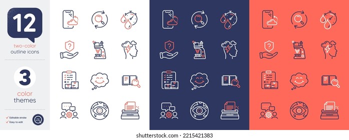 Set of Inventory checklist, Protection shield and Cyber attack line icons. Include Mindfulness stress, Search book, Timer icons. Smile, Smartphone cloud, Engineering team web elements. Vector