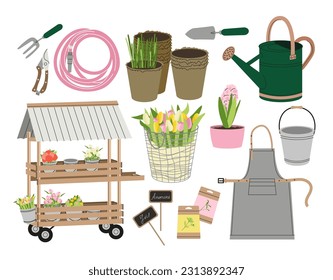 Inventarisierung für das Gartenkonzept. Schaufel, Blumentöpfe und Tränkanister. Trolley, Schürze, Eimer. Geschirr und Schlauch, Samen verpackt. Cartoon-FlachVektorgrafik, einzeln auf weißem Hintergrund