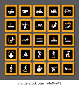 Set of inverse signs for Spa, Wellness and Fitness in squares