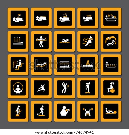 Set of inverse signs for Spa, Wellness and Fitness in squares