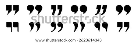 Set of inverted commas icons in black color. Set of quotation mark for quote, text, symmetry, speech bubble vector silhouette.