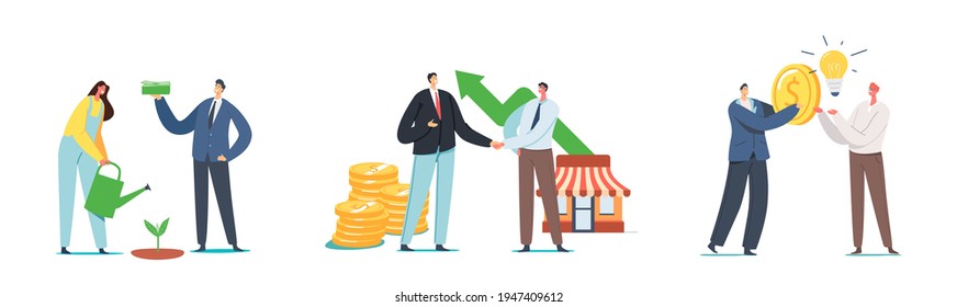 Set Invest in Startup. Businesspeople Characters Grow Project, Money Tree, Business Handshake, Change Idea on Money. Development Strategy, Entrepreneurial Invention. Cartoon People Vector Illustration