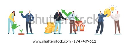 Set Invest in Startup. Businesspeople Characters Grow Project, Money Tree, Business Handshake, Change Idea on Money. Development Strategy, Entrepreneurial Invention. Cartoon People Vector Illustration